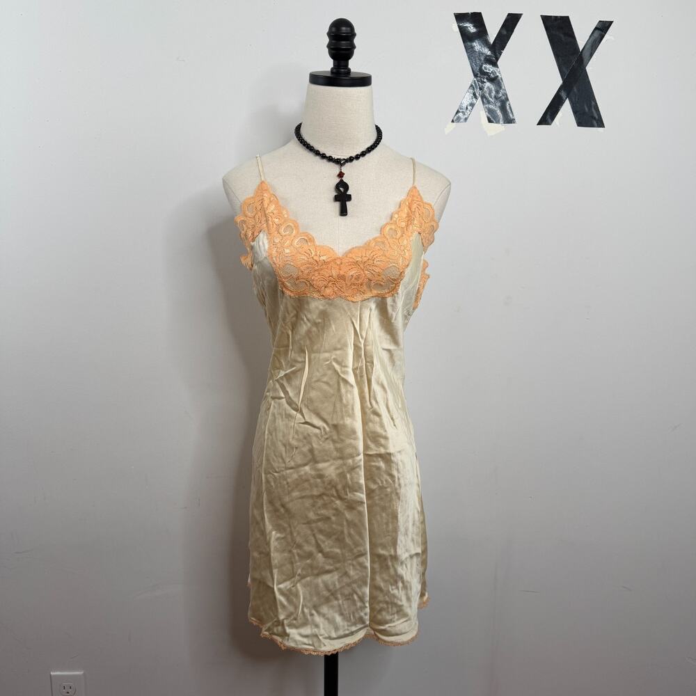 Vintage Y2K Ivory 100% Silk Apricot Lace Trim Open Back Midi Slip Dress L